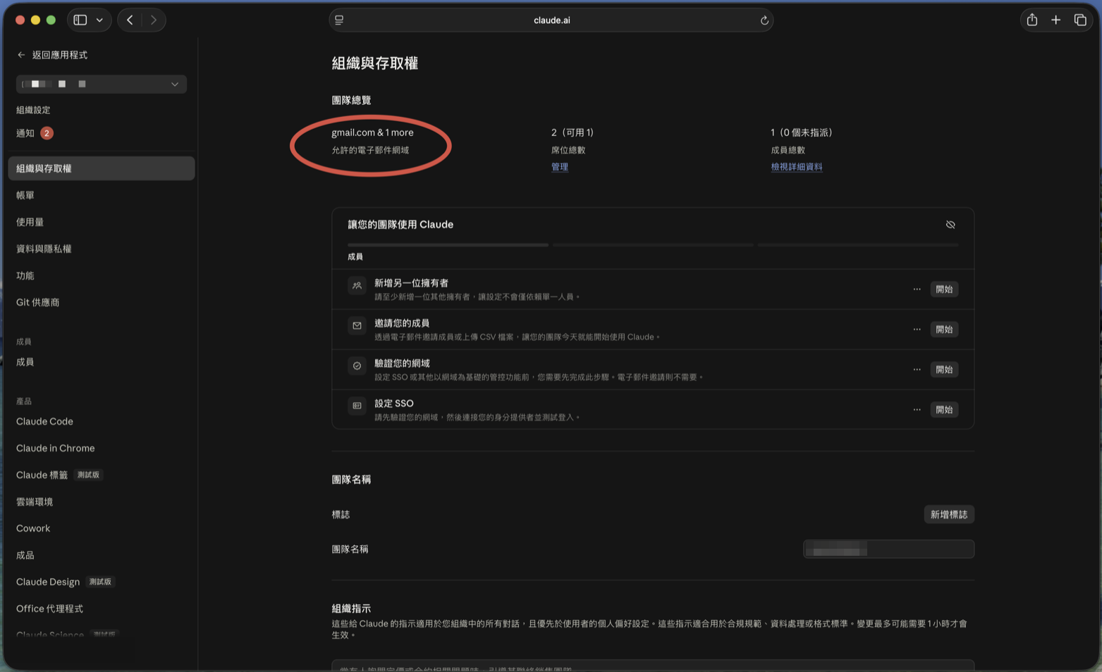 團隊總覽中圈起「允許的電子郵件網域」欄位