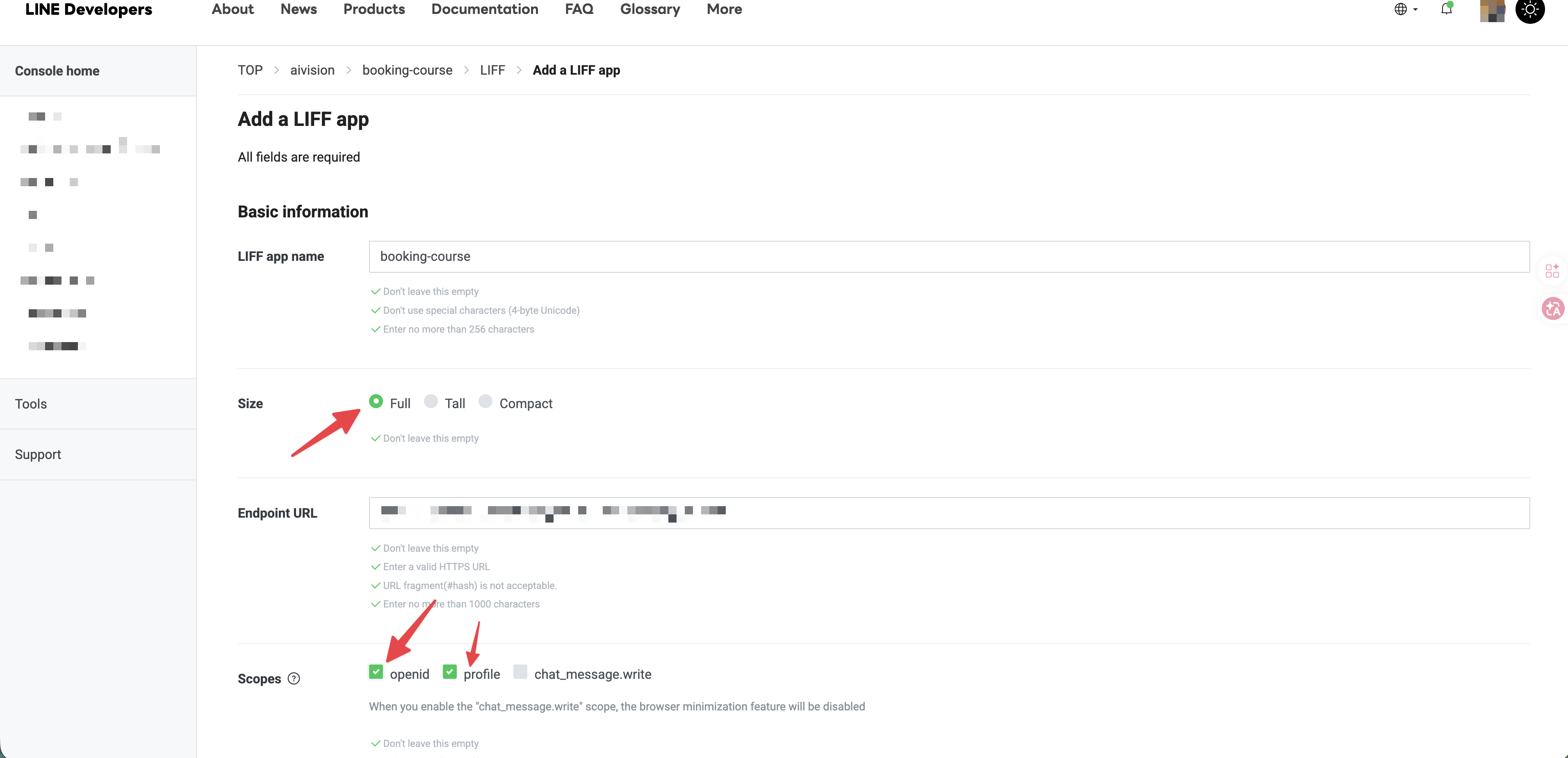 Add a LIFF app 表單,Size 選 Full、Scopes 勾選 openid 與 profile