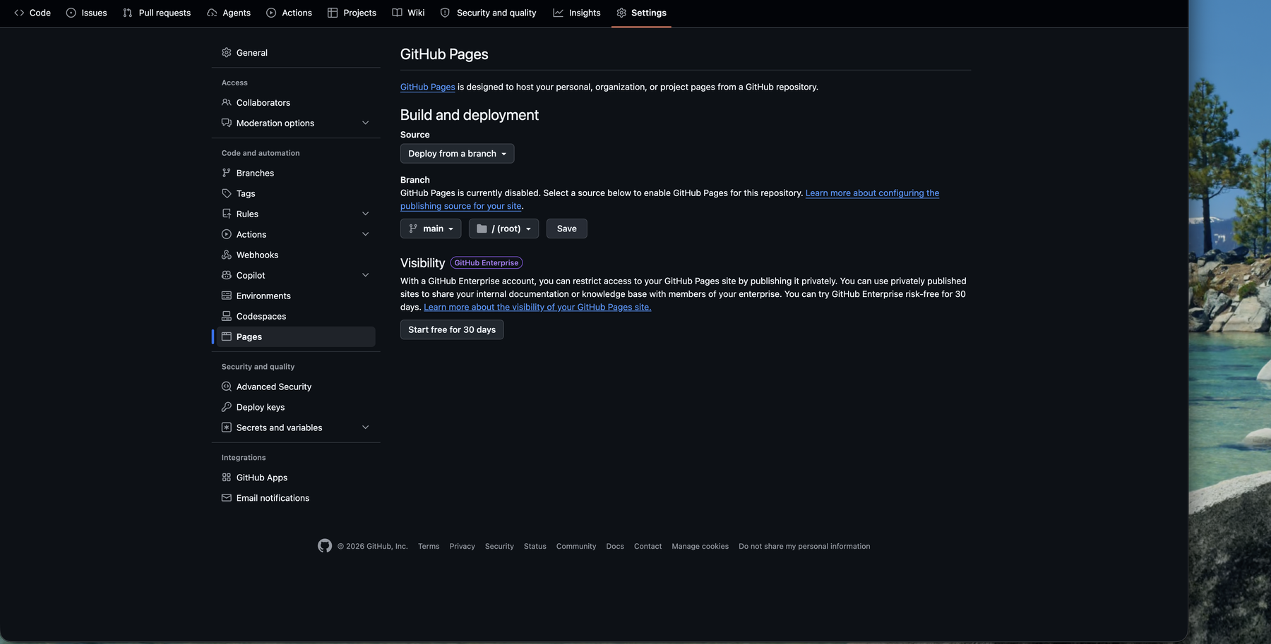 GitHub Pages 設定頁,Source 選 Deploy from a branch、main / root