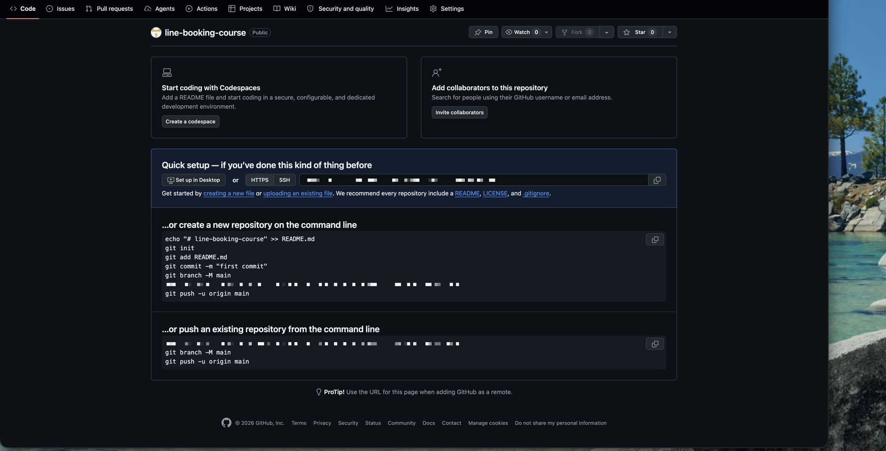 GitHub 新 repo 的 Quick setup 頁,含推送指令