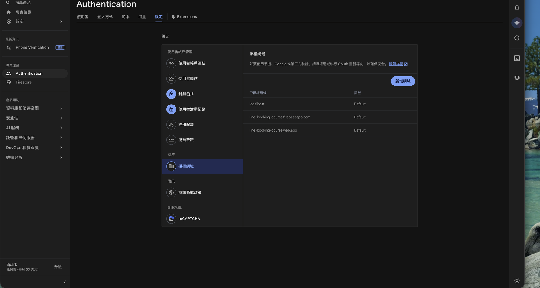 Firebase Console 的授權網域設定頁