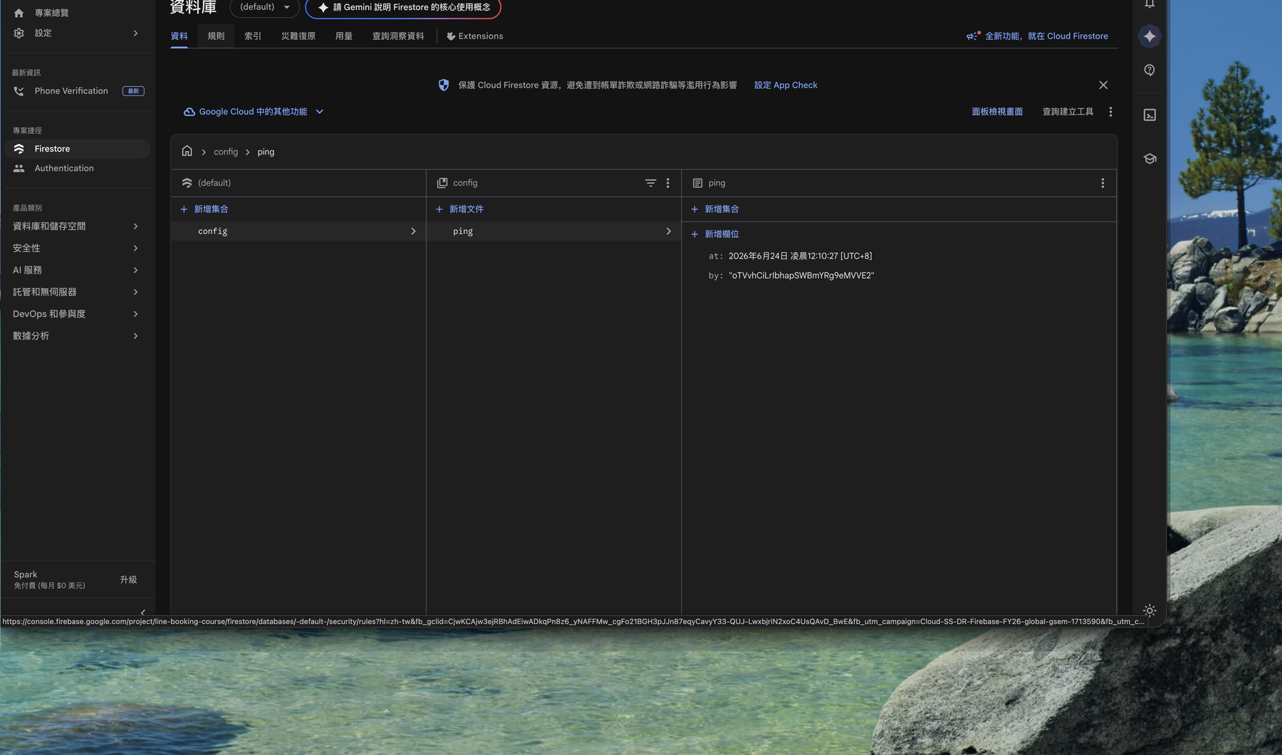 Firebase Console 的 Firestore 資料分頁,確認資料已寫入