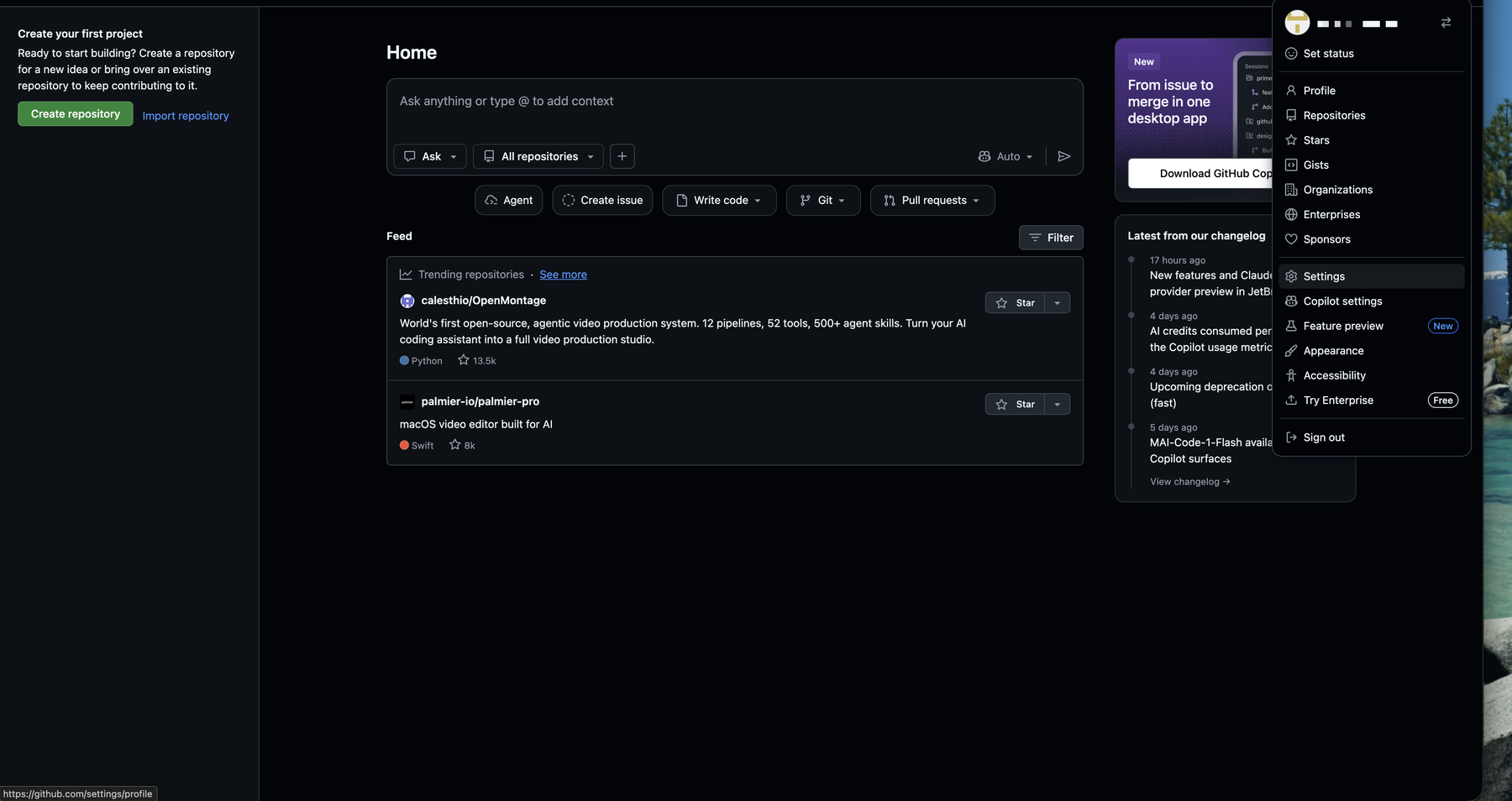 點開右上角頭像後的 GitHub 帳號選單