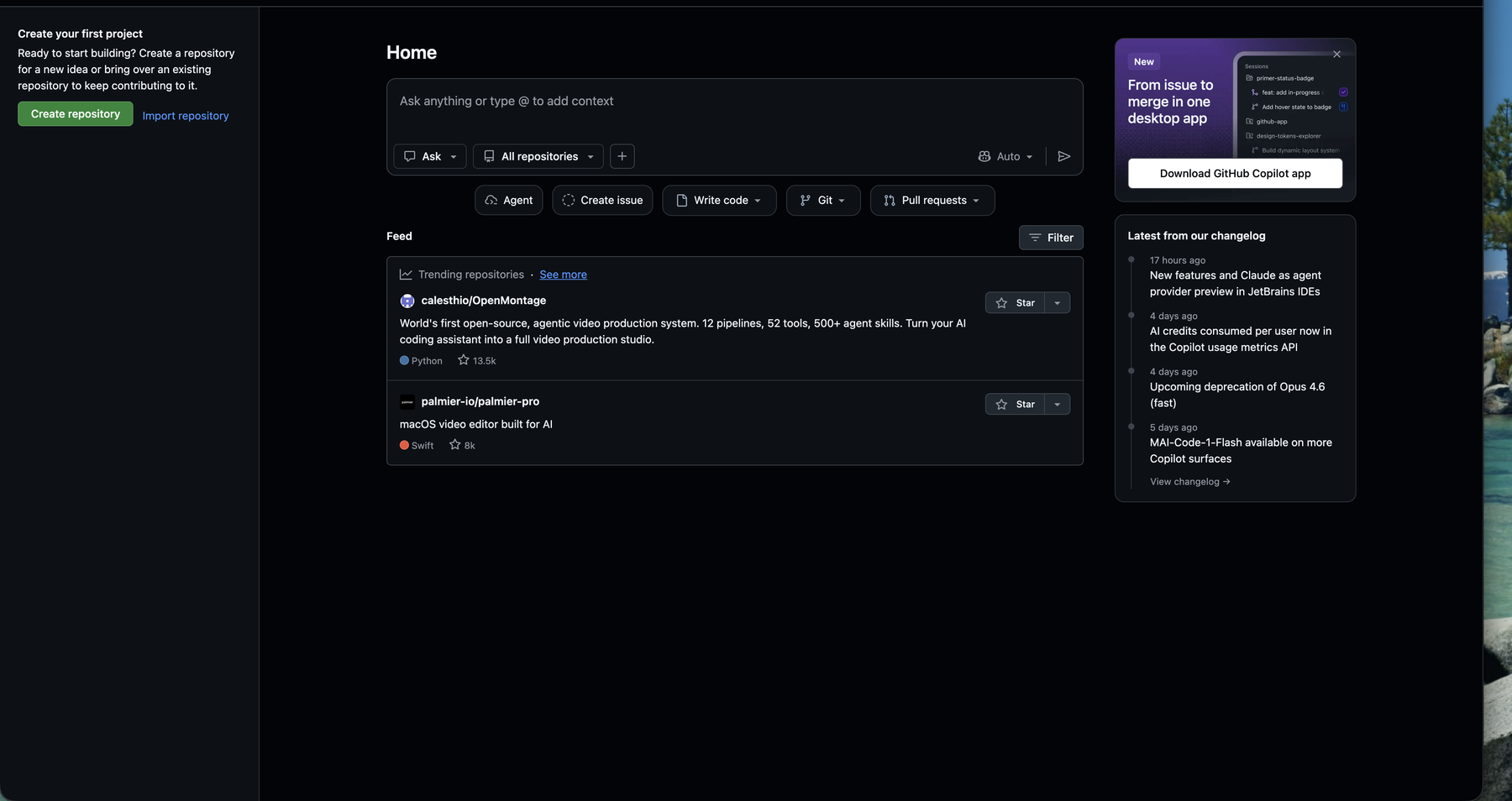 登入後的 GitHub Dashboard 首頁