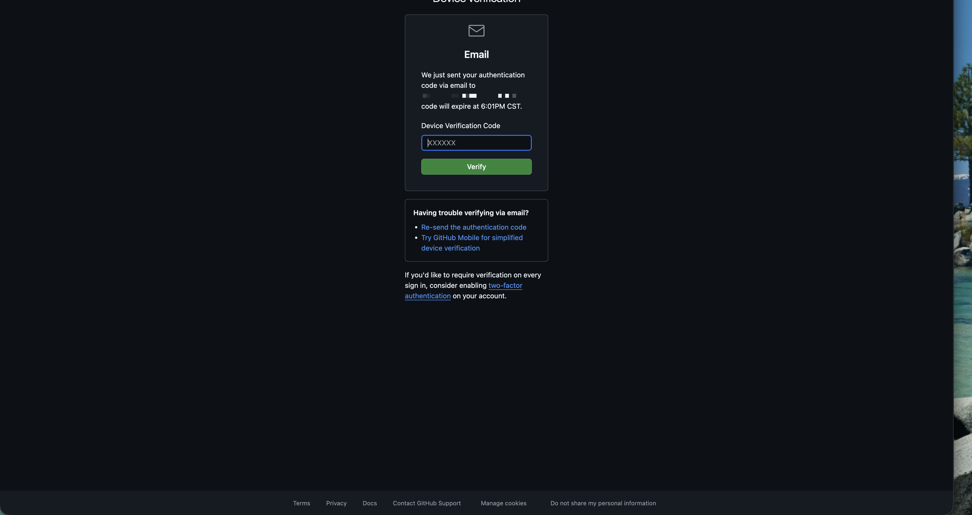 GitHub 裝置驗證頁,輸入寄到 email 的驗證碼