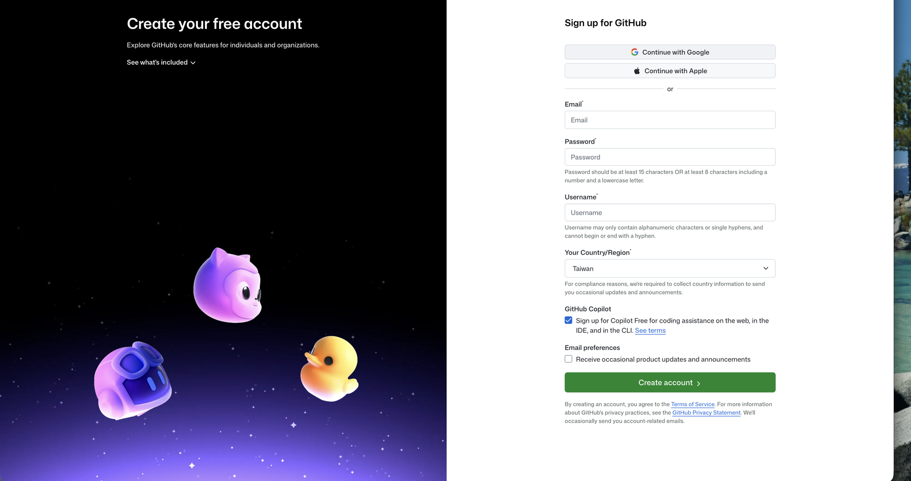 GitHub 註冊表單,含 Email、Password、Username、Country 欄位
