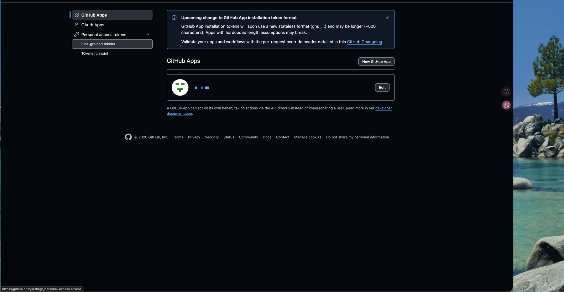 GitHub Developer settings 左側選單,Personal access tokens 分 Fine-grained 與 classic