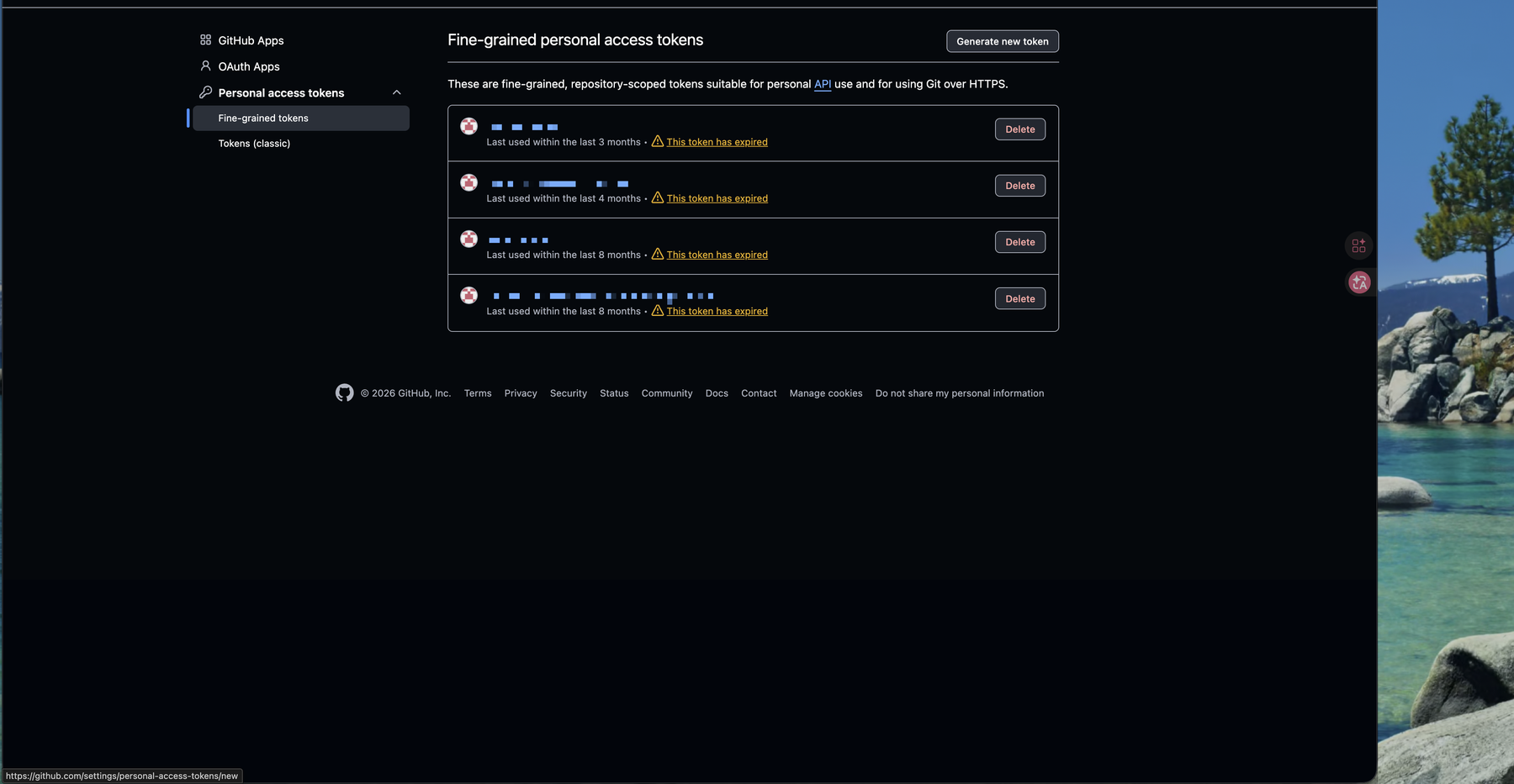 GitHub Fine-grained personal access tokens 清單頁