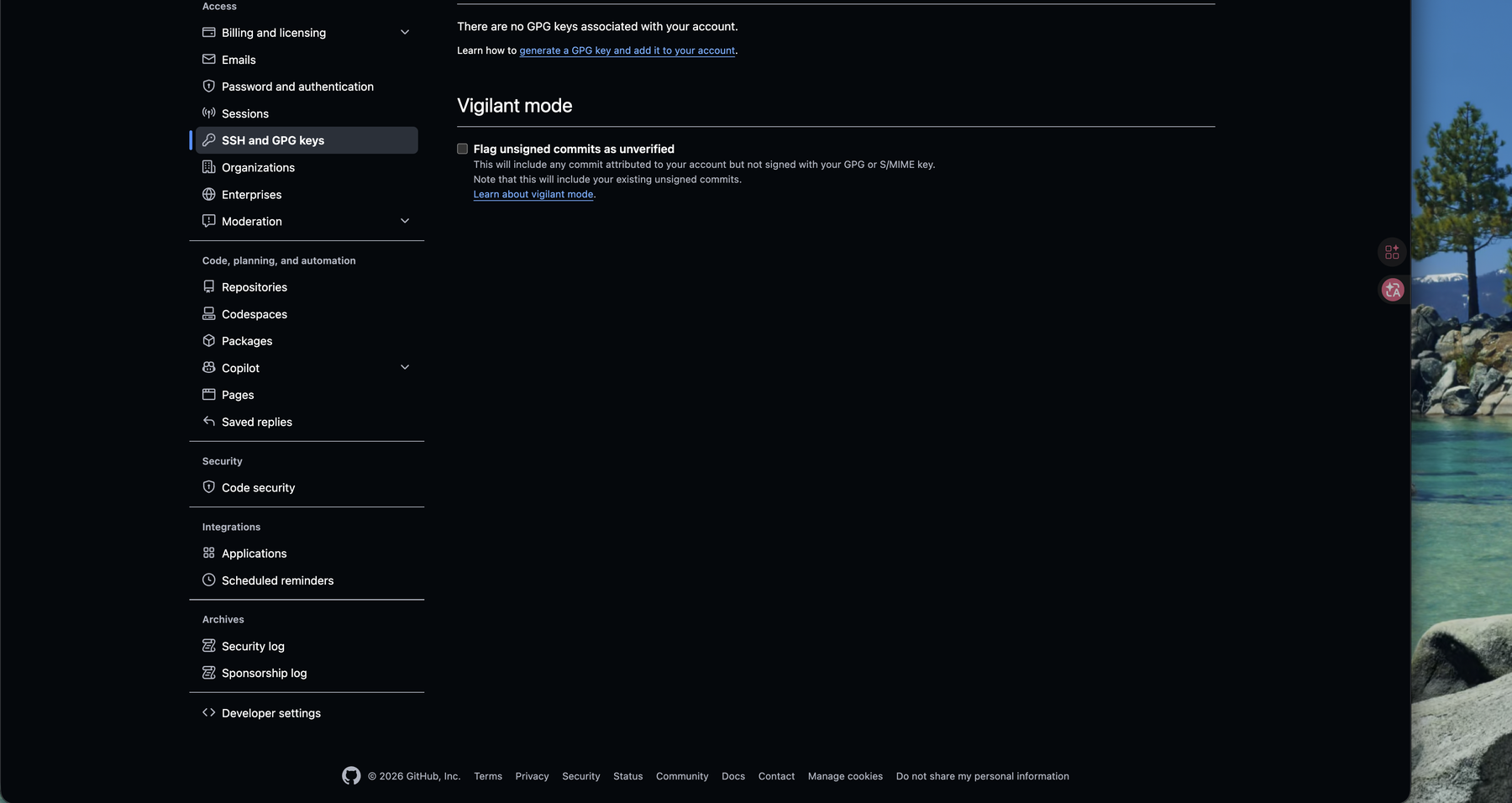 GitHub 的 SSH and GPG keys 設定頁,含 Vigilant mode