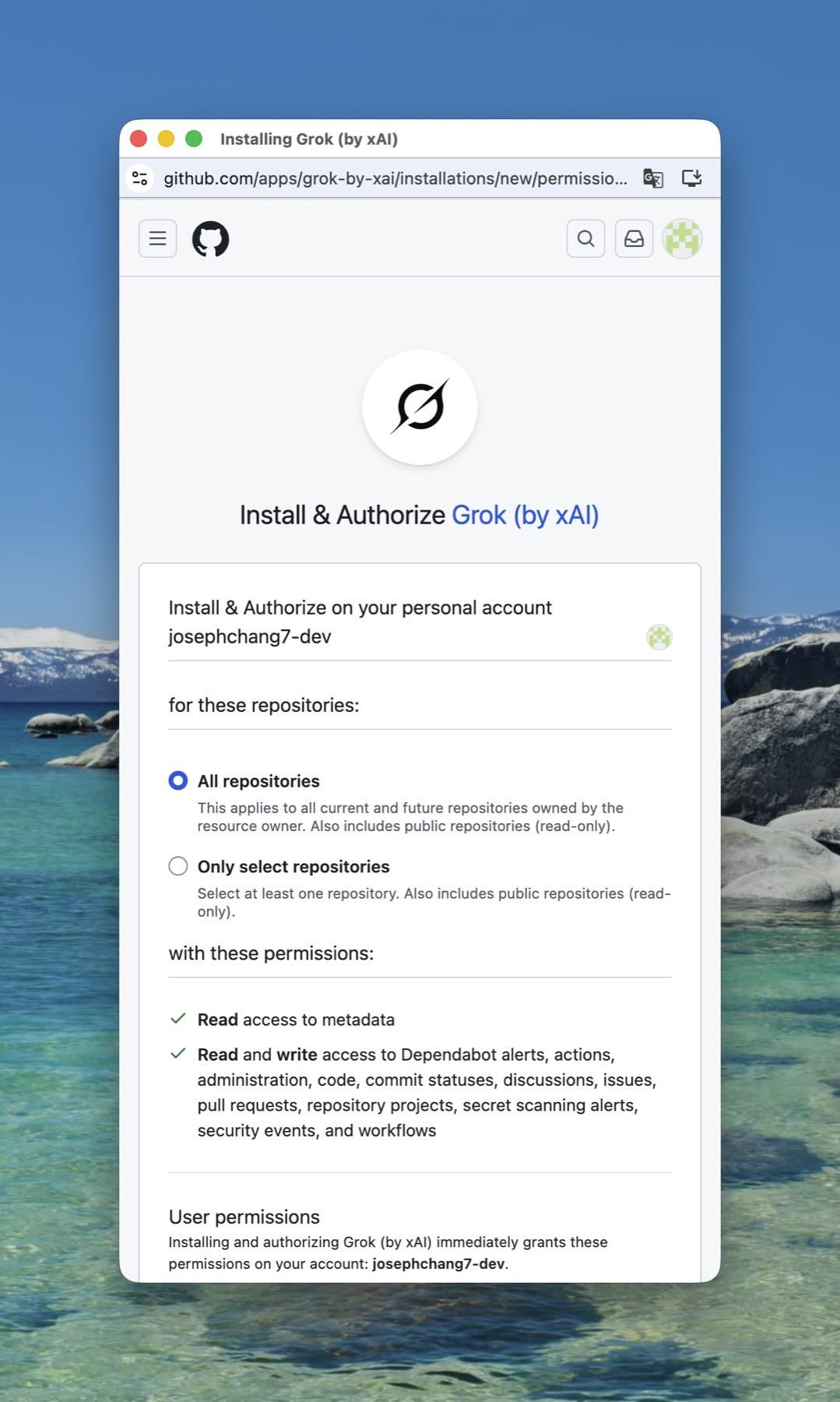 GitHub 的 Install & Authorize Grok (by xAI) 頁面,可以選擇開放全部 repo 或只選特定 repo