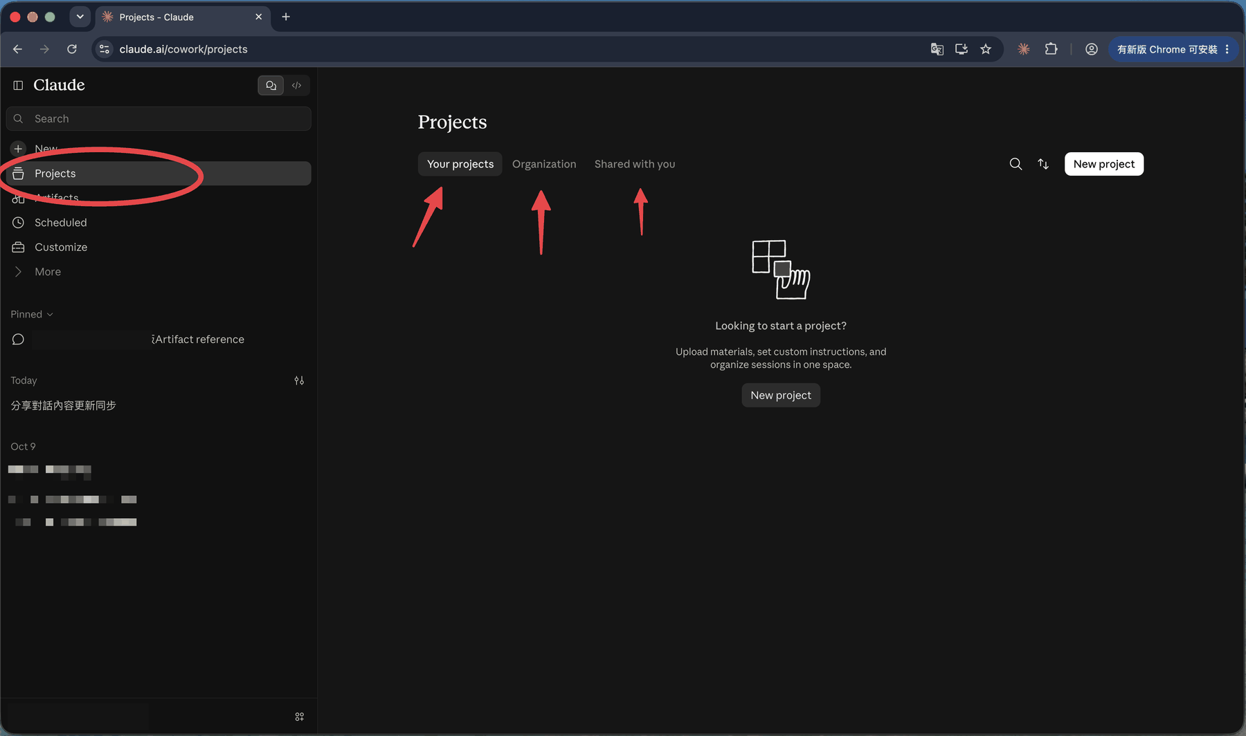 Projects 頁面：箭頭指向 Your projects、Organization、Shared with you 三個分頁