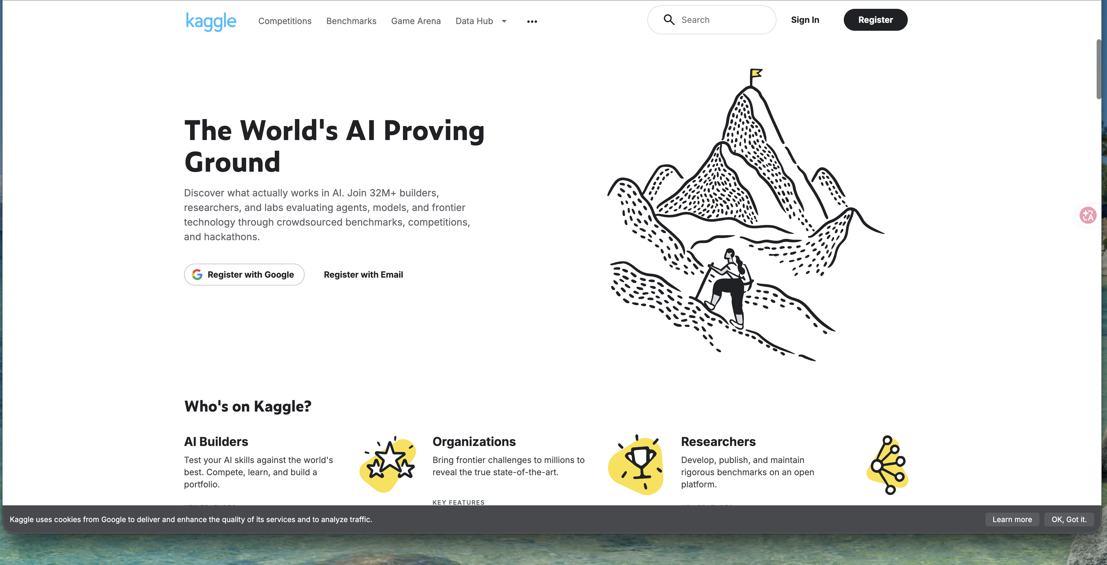 Kaggle 首頁,右上角的 Register 按鈕與首頁中央的 Register with Google