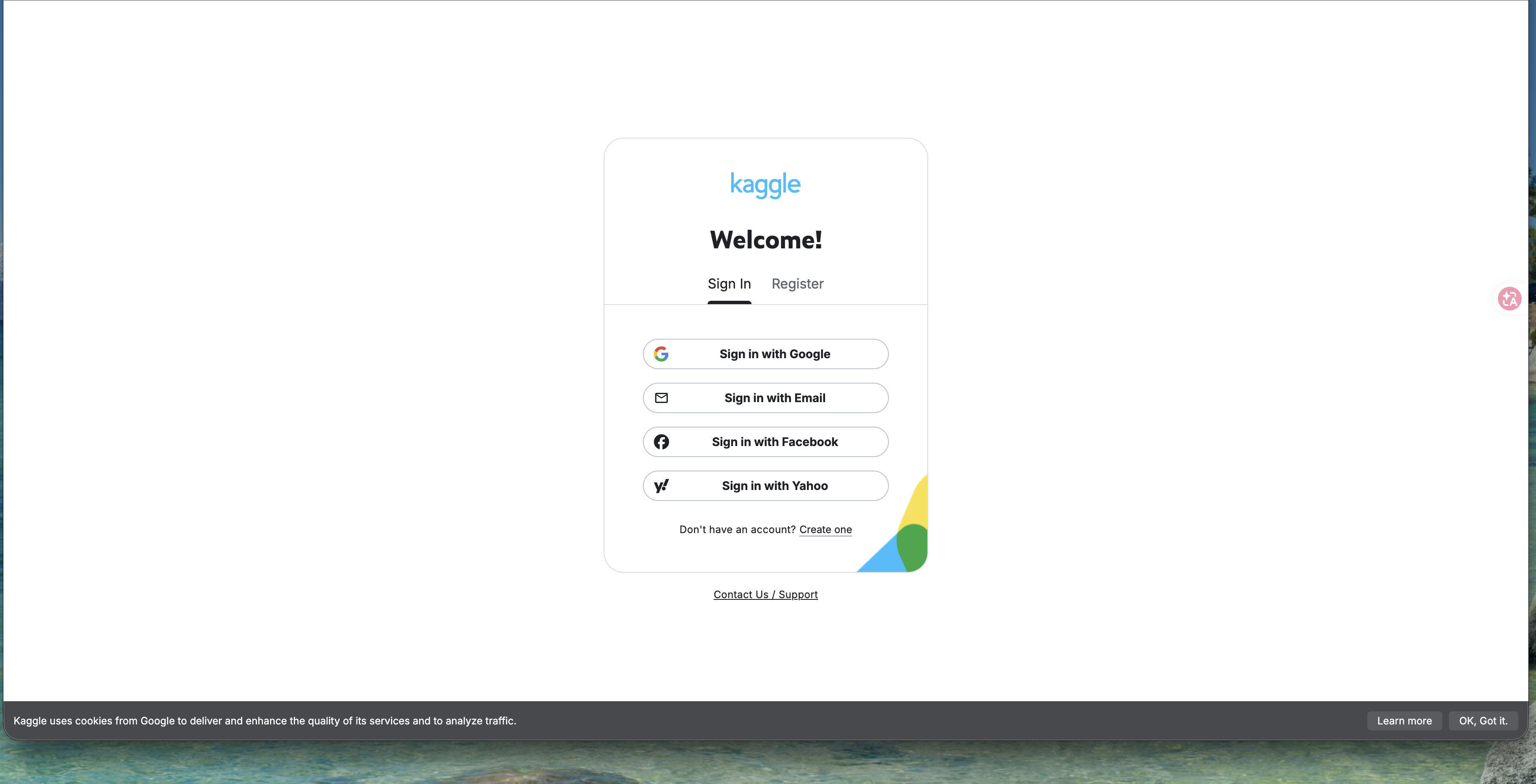 Kaggle 的登入/註冊卡片,四種登入方式