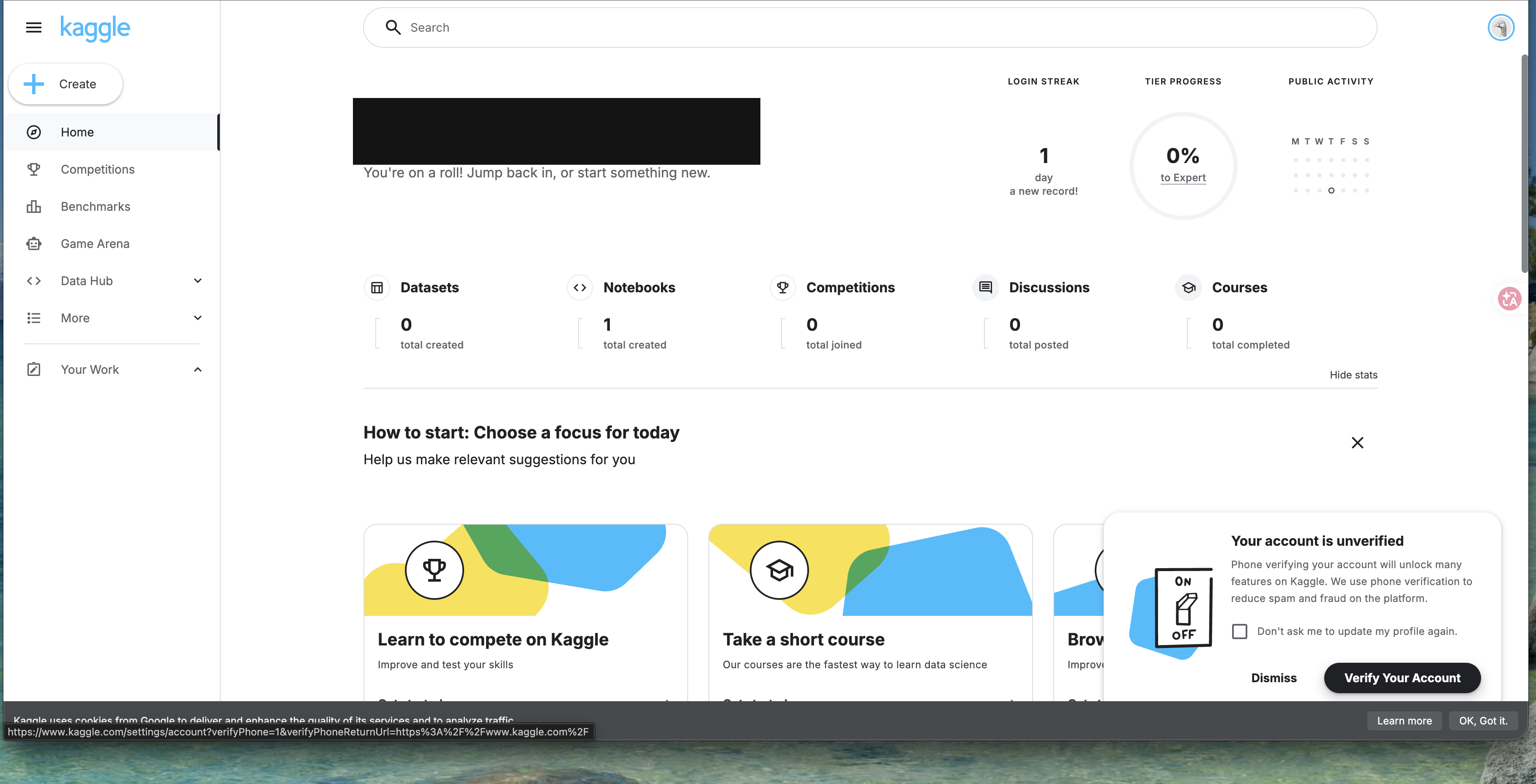 登入後的 Kaggle 首頁,歡迎訊息與帳號統計