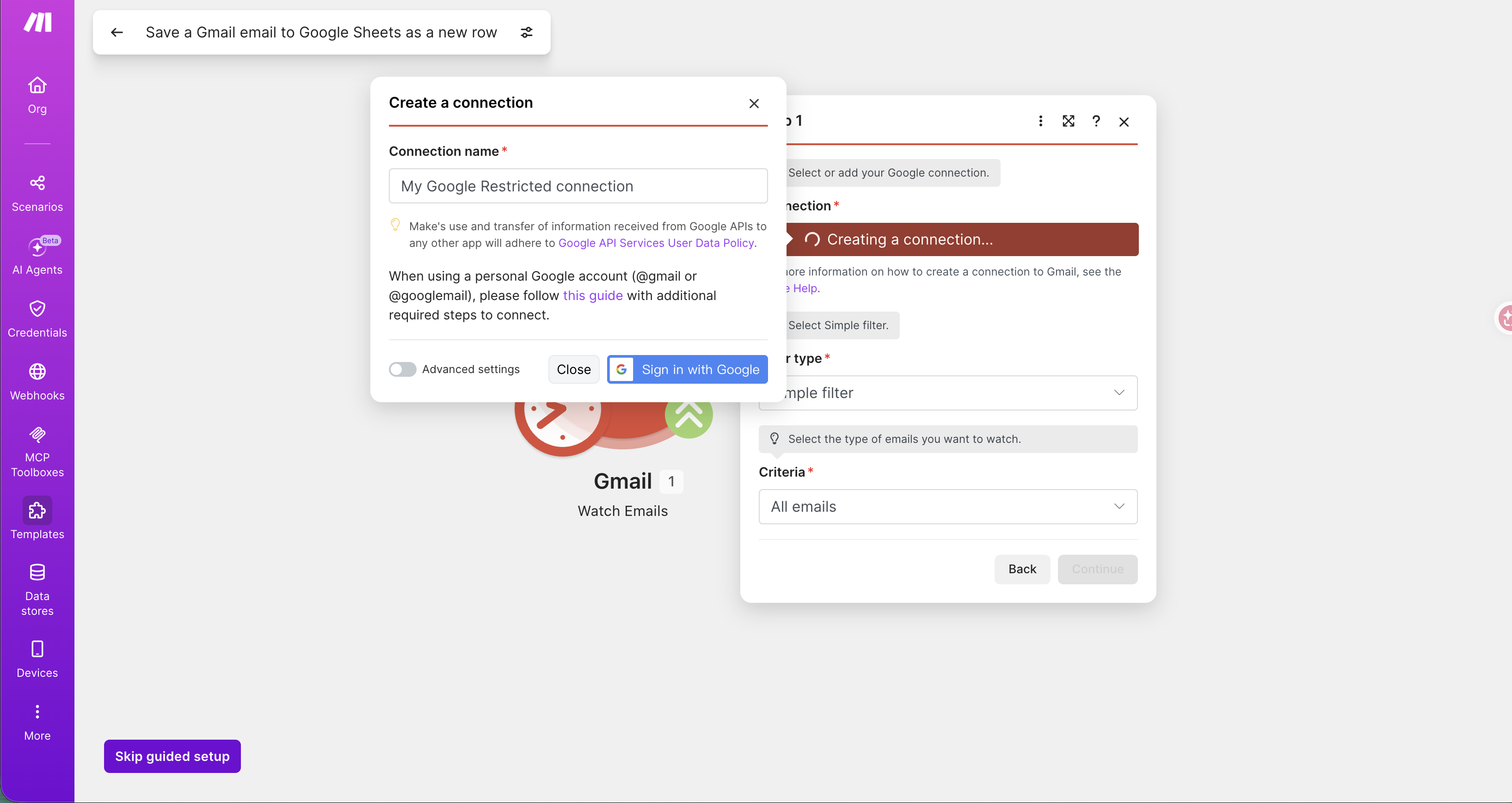 建立 Google 連線,點 Sign in with Google