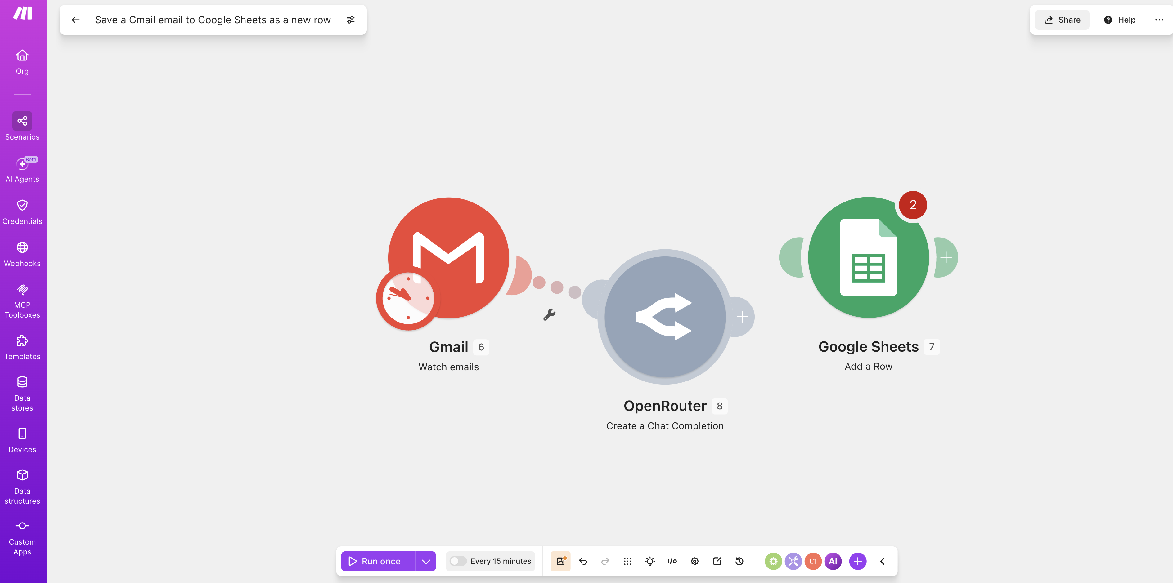 完成的 Gmail → Sheets scenario 流程總覽