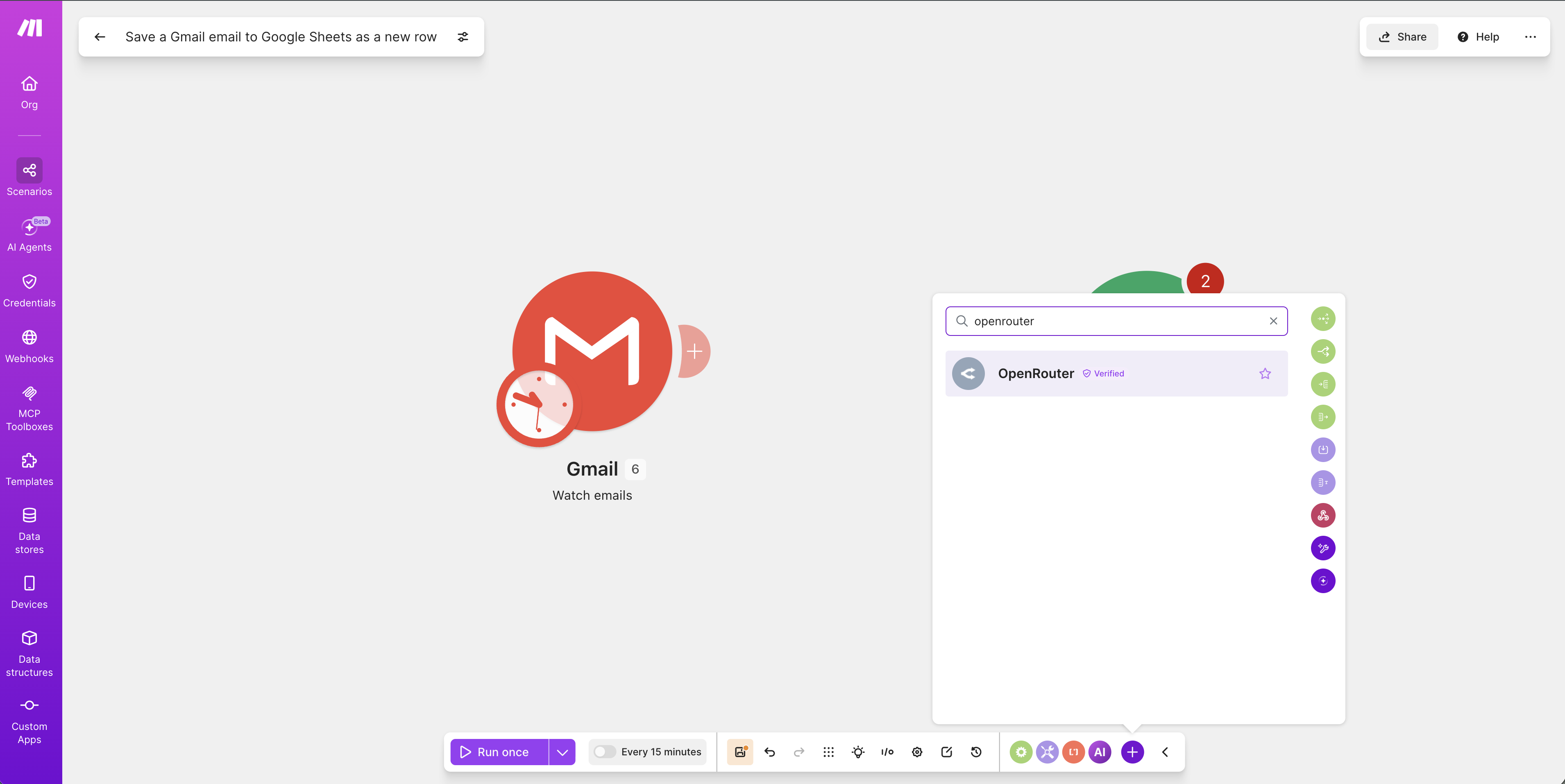 在 Make 搜尋並加入 OpenRouter 模組