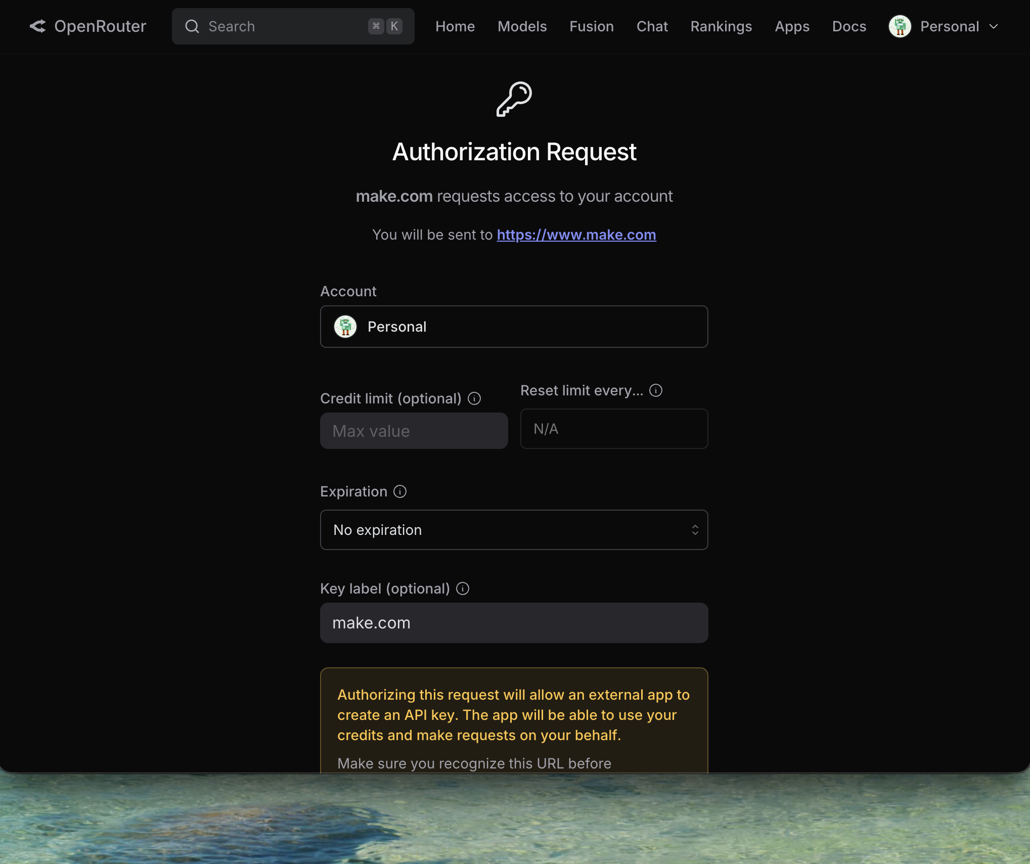OpenRouter OAuth 授權畫面