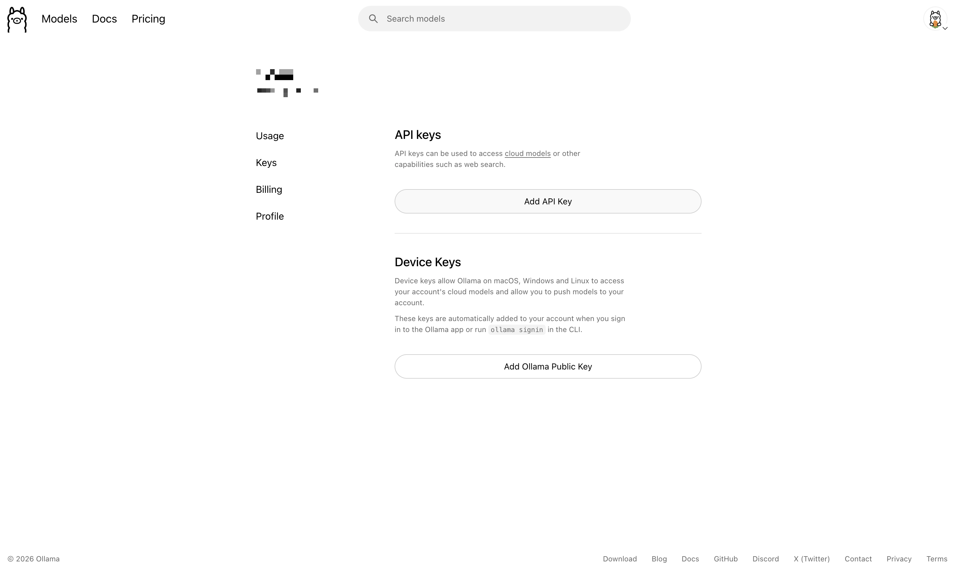 Ollama Settings → Keys 分頁