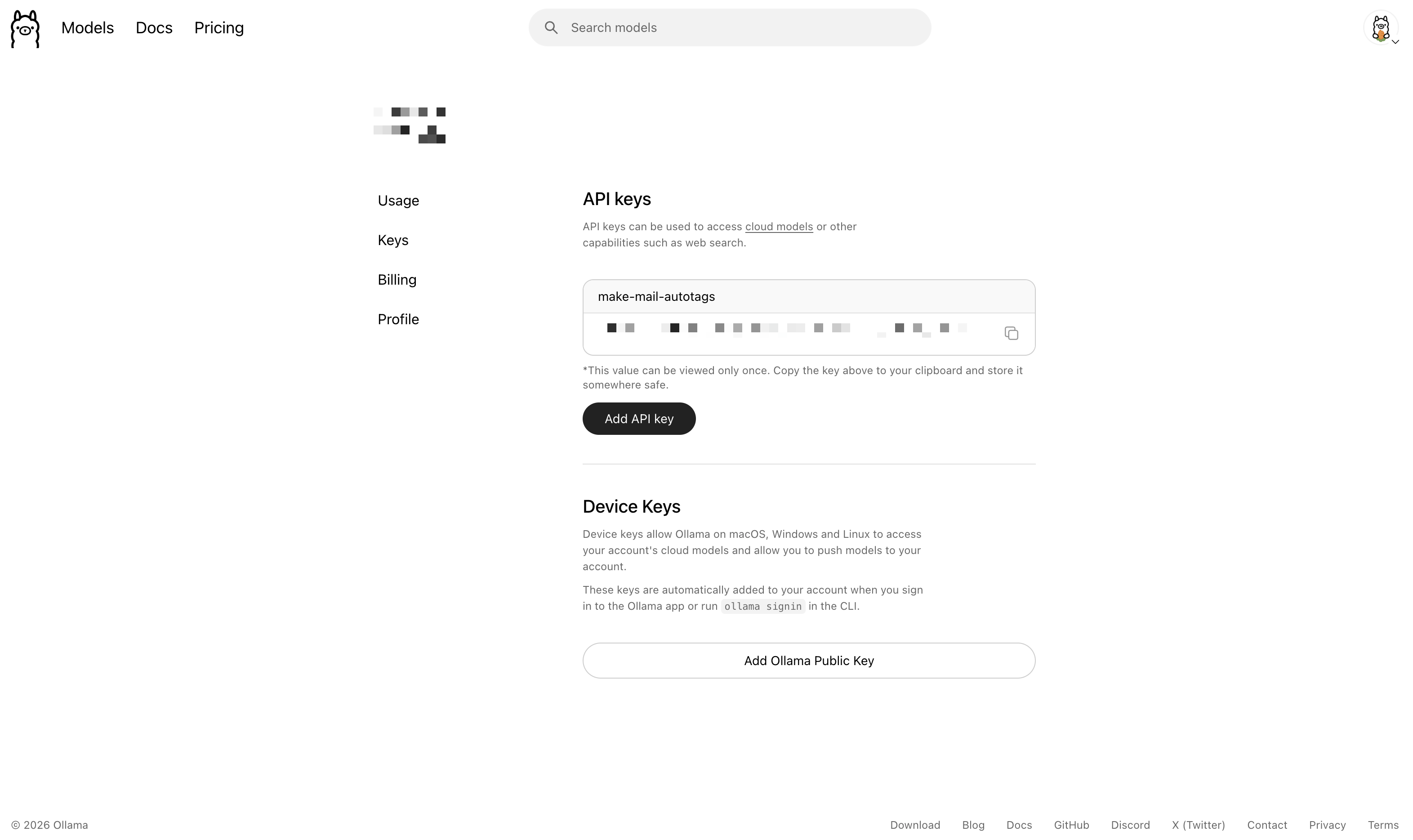 Ollama API Key 產生完成(只顯示一次)