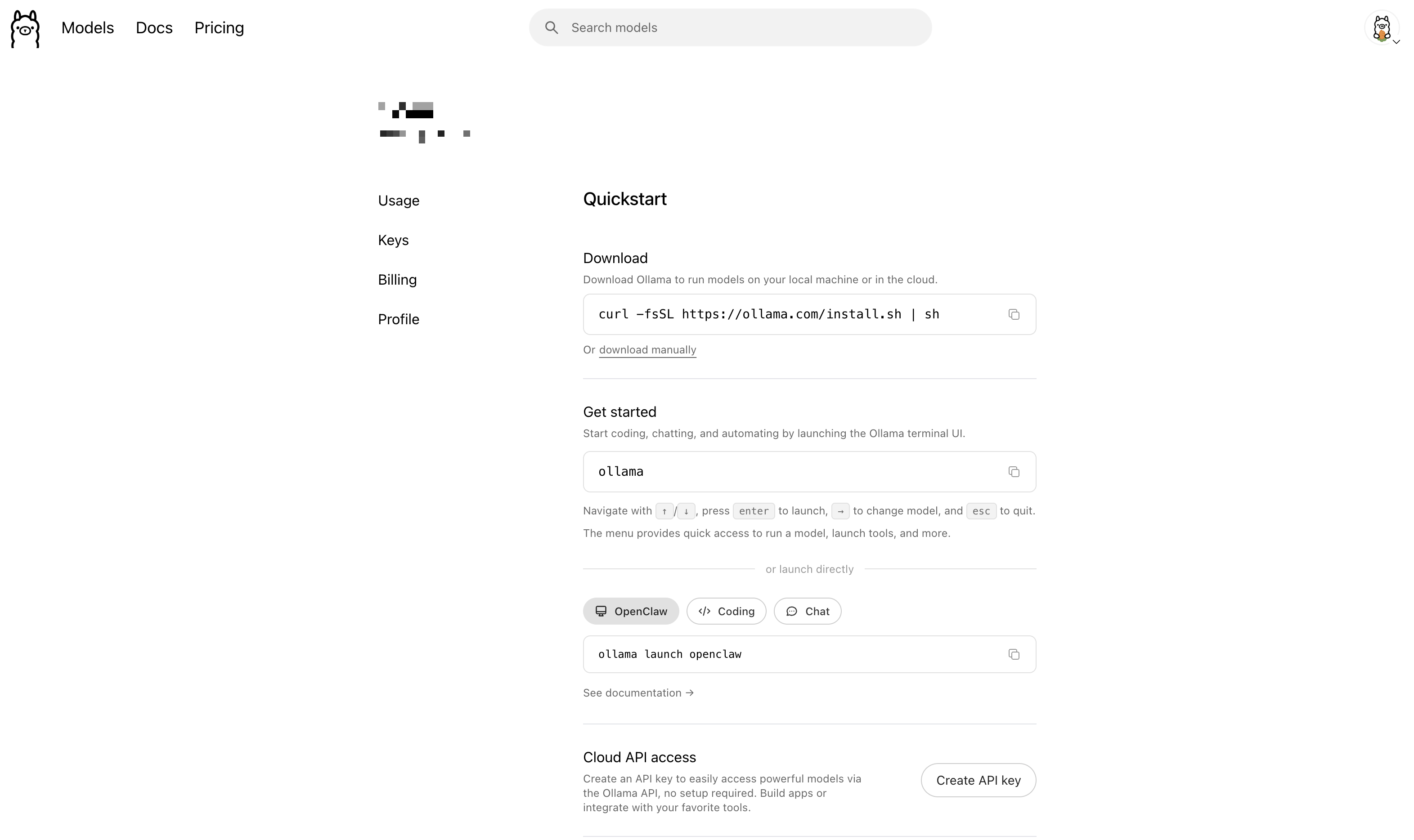 Ollama Settings/Quickstart 頁面