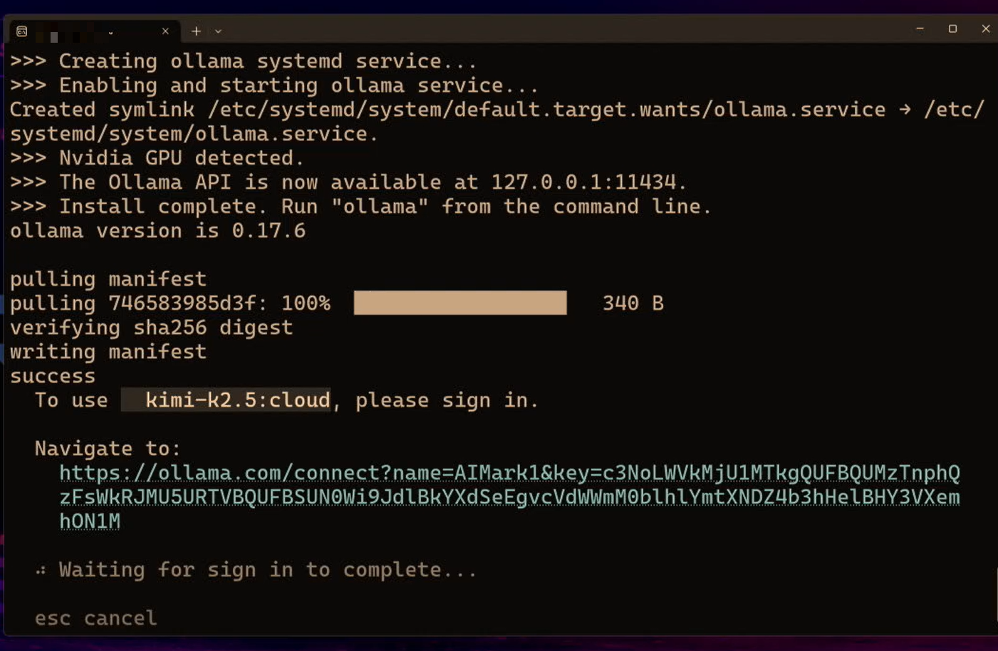 WSL 終端機執行 ollama launch openclaw