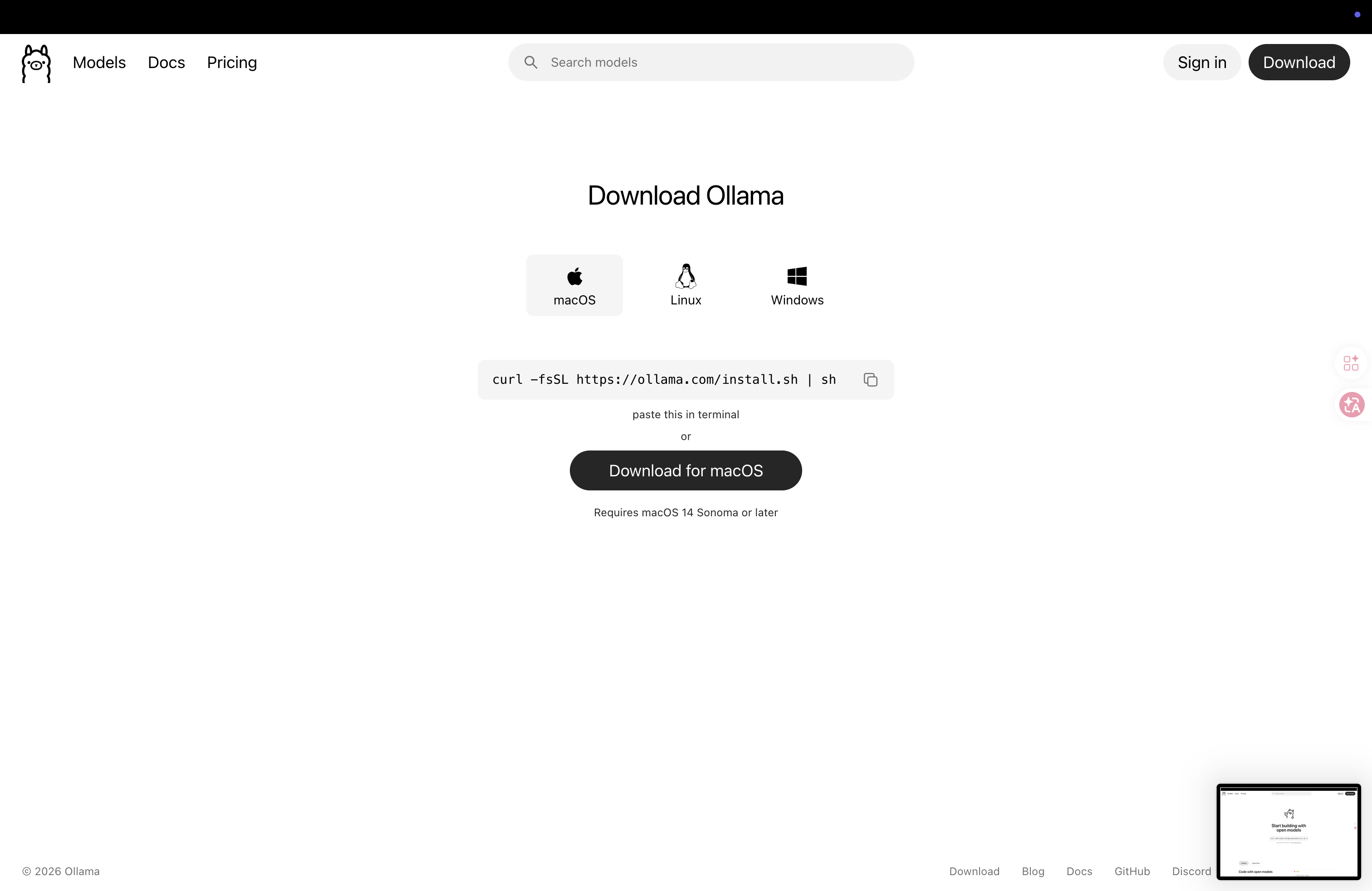 Ollama 官網下載頁面（macOS）