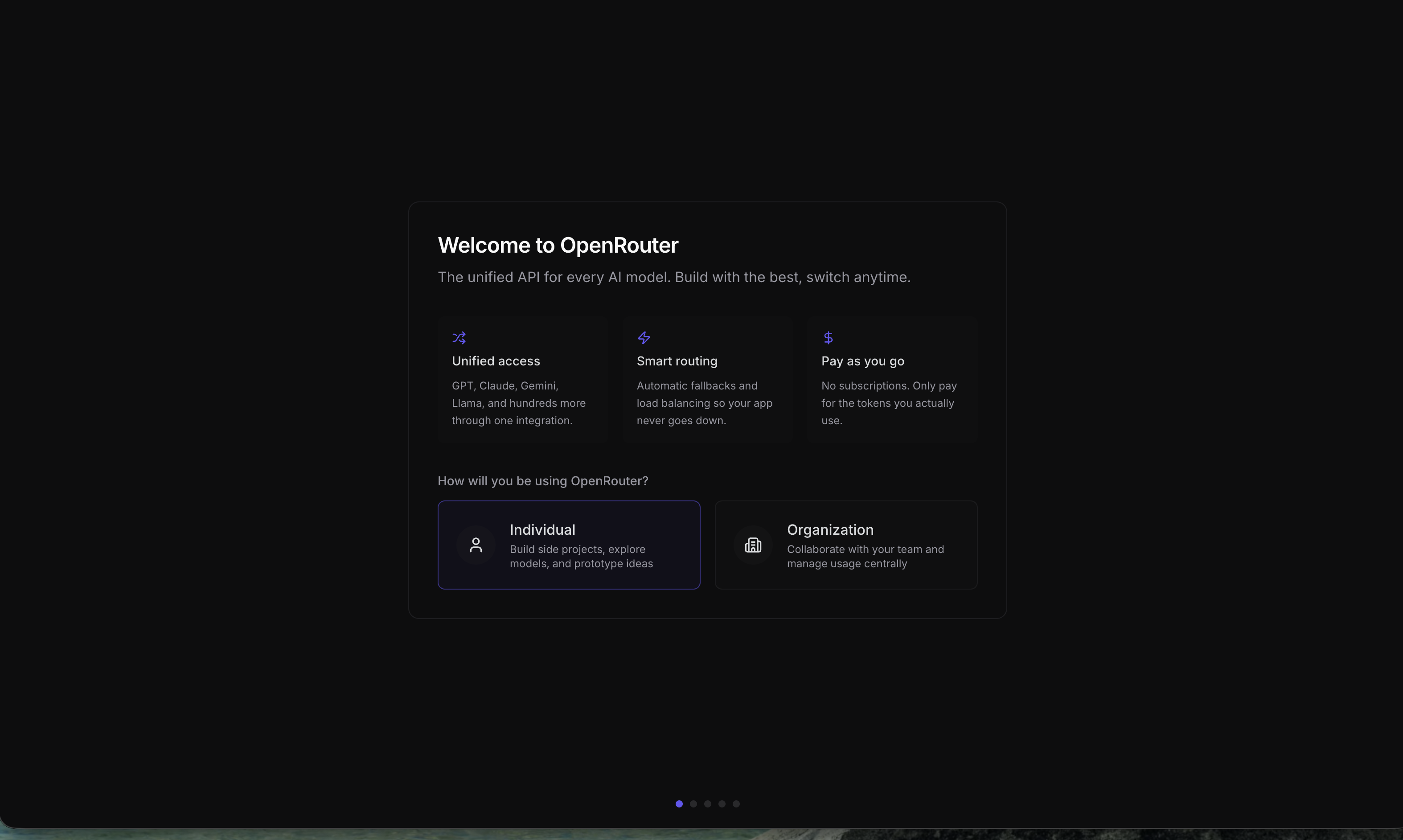 OpenRouter onboarding:選 Individual 或 Organization